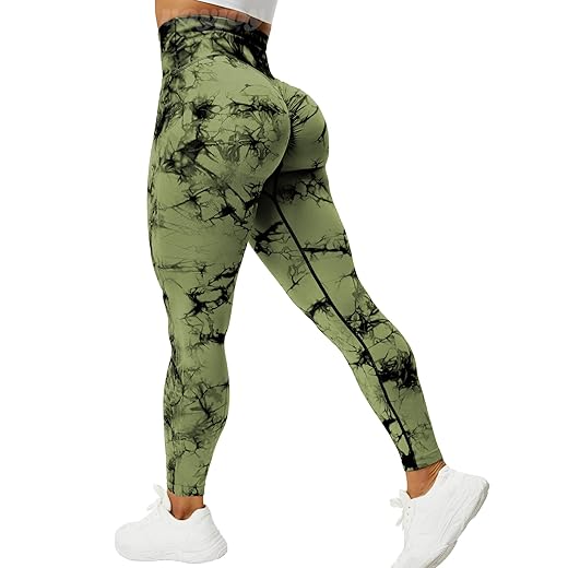 VOYJOY Tie Dye Seamless Leggings for Women High Waist Yoga Pants, Scrunch Butt Lifting Elastic Tights (#1 Army Green, Large)