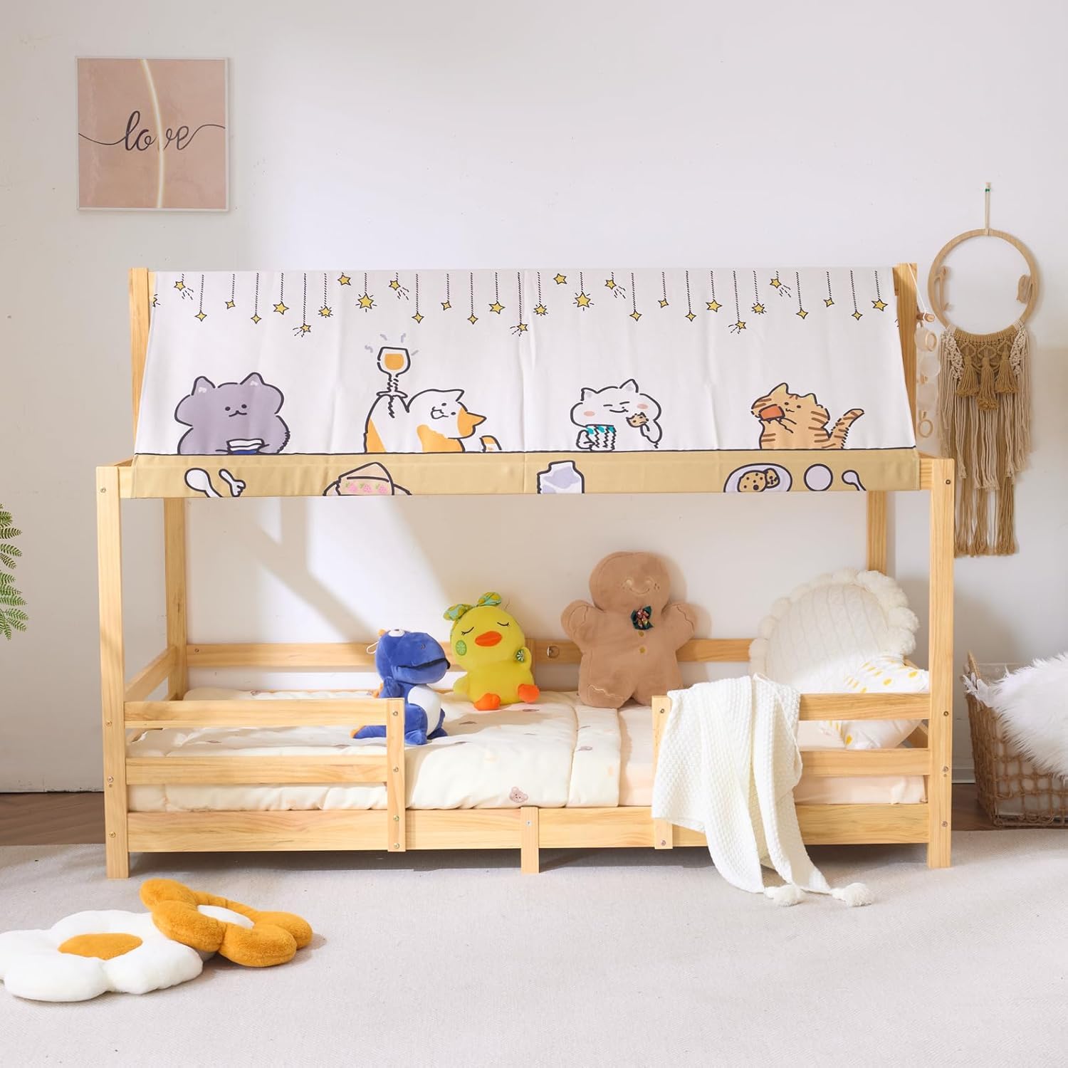 LEADZM Kinderbett Bodenbett 90x200 cm, Kinder Bett Mit Stoffhimmel | Kinderbetten inkl. Rausfallschutz & Lattenrost, Bodenbett Kinder bis 200 kg (90x200 cm，Natur)