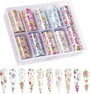 Holographic Nail Foil Sheets, Flower Transfer Foil Nail Wraps for Women Floral Manicure Stickers Decals for Nails Art Accessories DIY Decoration (10 Roll, Length 39.3in)