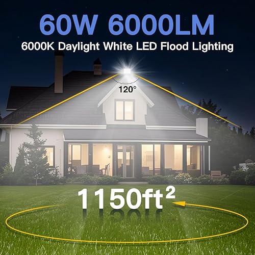 Miniatura 3 de 2 Pack 60W Hardwired LED Flood Light Outdoor, 6000lm Super Bright Floodlight, IP66 Waterproof 6000K Daylight White Exterior Lights for Garage, Yard,