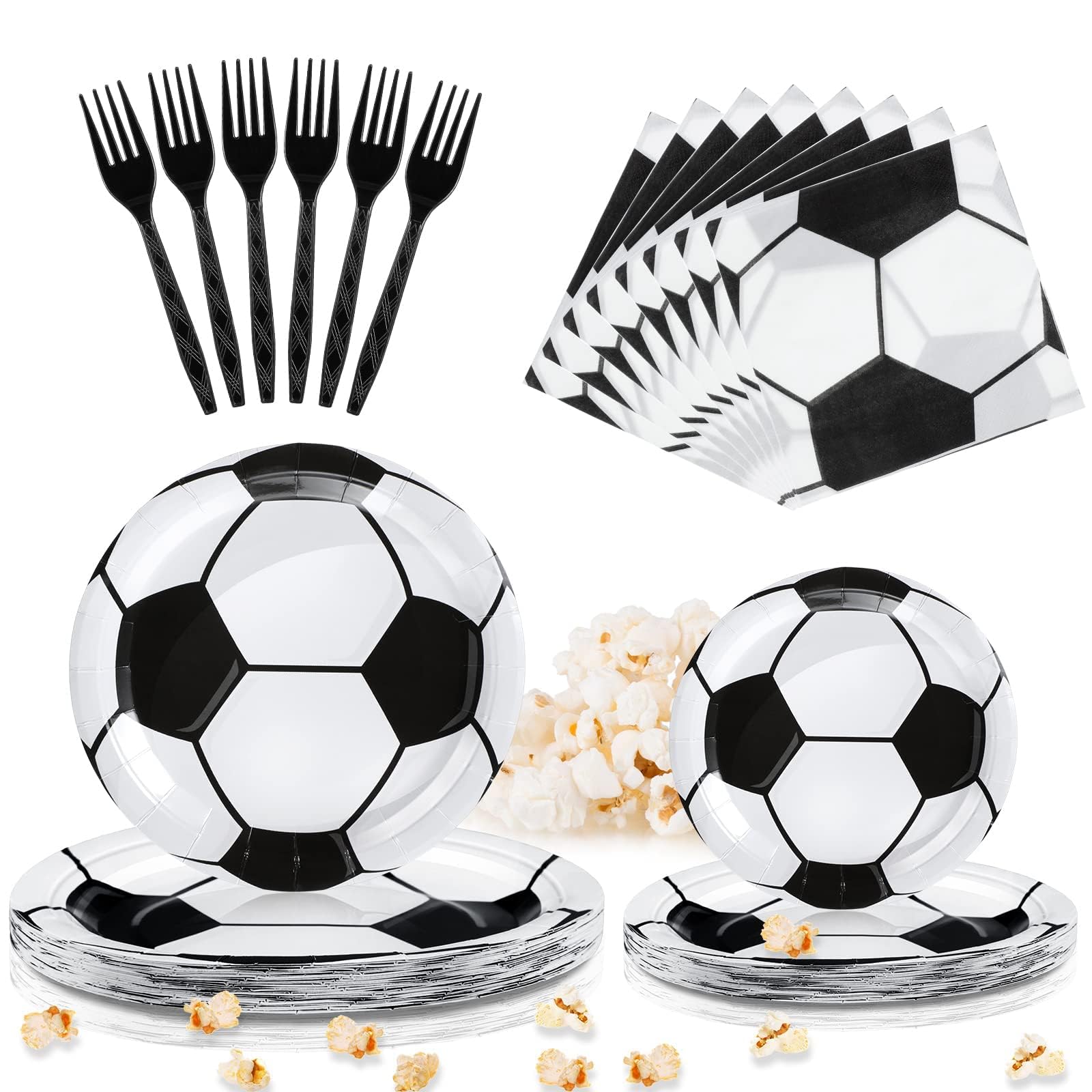 96 Pieces Soccer Theme Birthday Tableware Set Includes 7 Inch 9 Inch Disposable Soccer Ball Plates, Paper Napkins, Forks forBirthday Football Sports Party Decorations, Serves 24 Guests