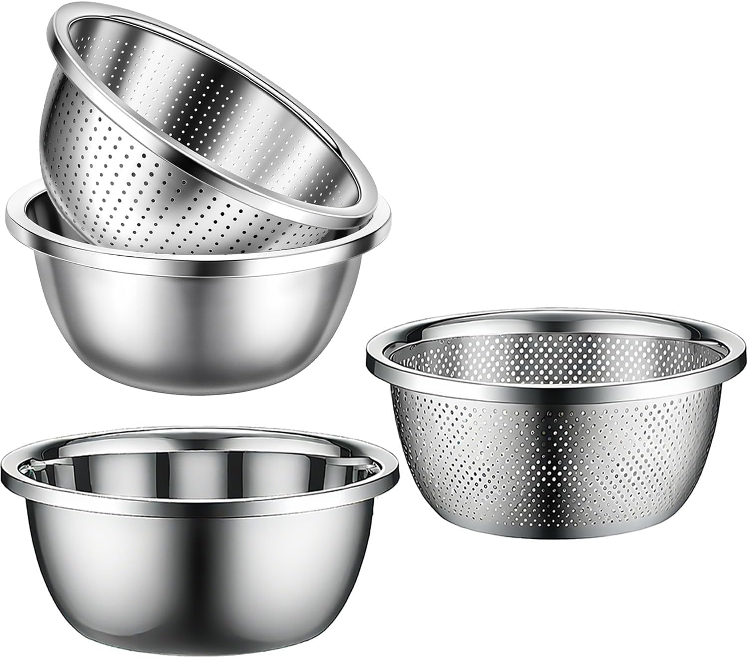Stainless Steel Mixing Bowls, 4 Pack Rice Washer Strainer Bowl Large Mixing Bowl Salad Mixing Bow, Rice Cleaner Strainer Stainless Steel Colander For Washing Vegetables, Fruit, Rice, Straining Pasta