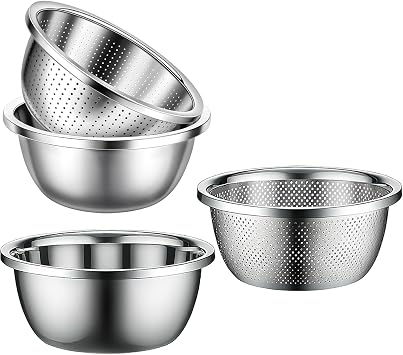Stainless Steel Mixing Bowls, 4 Pack Rice Washer Strainer Bowl Large Mixing Bowl Salad Mixing Bow, Rice Cleaner Strainer Stainless Steel Colander For Washing Vegetables, Fruit, Rice, Straining Pasta