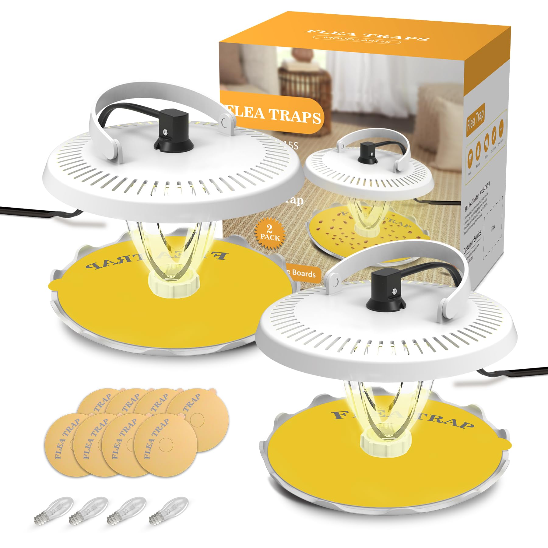 Flea Traps for Inside Your Home, Upgraded Flea Light Trap Indoor with 8 Sticky Pads 4 Bulbs 2 Charge Cables, Electric Flea Killer Catcher for Home Friendly to Pets & Kids, Bed Bug Moth Trap