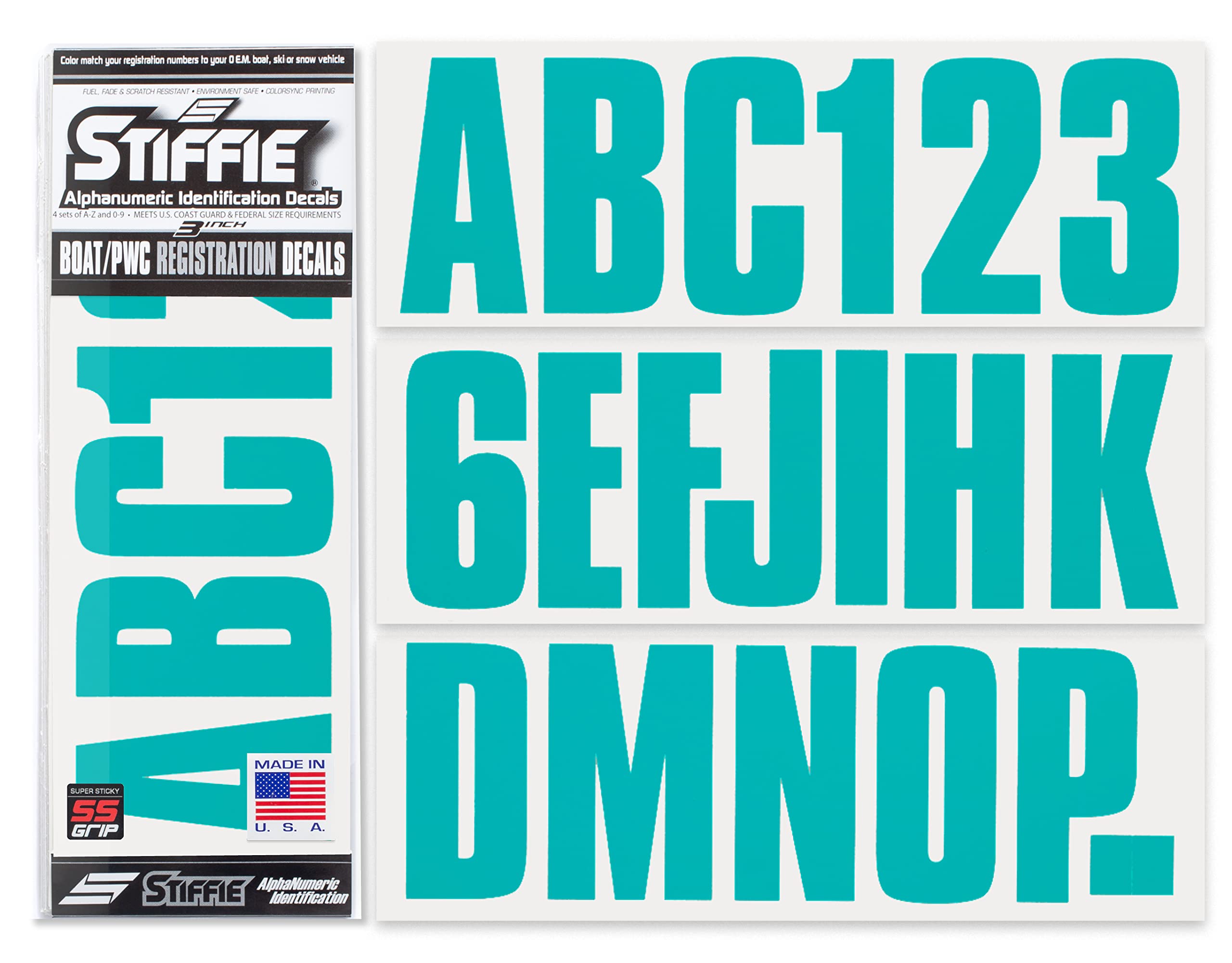 Stiffie UNILINE 3" Alpha-Numeric Registration Identification Numbers Stickers Decals for Boats &amp; Personal Watercraft (Candy Blue Super Sticky)