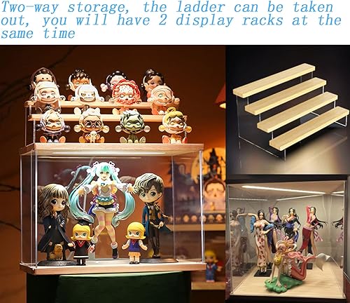 Vista 5 de Vitrina de acrílico de 5 niveles para coleccionables con estantes de madera clara, caja de almacenamiento montable, organizador de protección