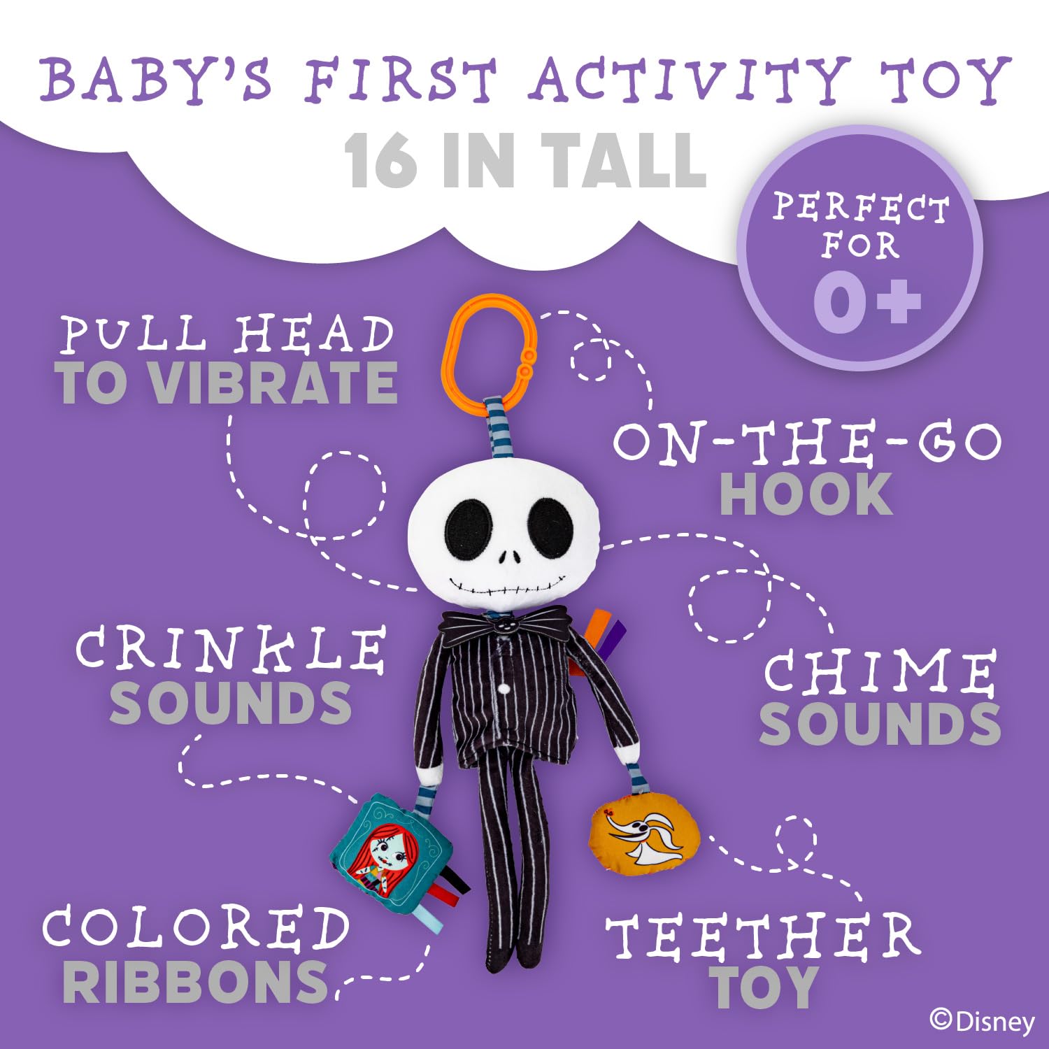 KIDS PREFERRED Disney Baby Nightmare Before Christmas Jack Skellington On The Go Activity Toy with Crinkle, On The Go Clip, Bell Chime and Ziggle