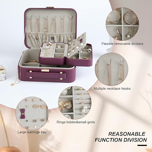 Miniatura 3 de Organizador grande para joyas, joyero de viaje y estuche portátil, color rojo burdeos