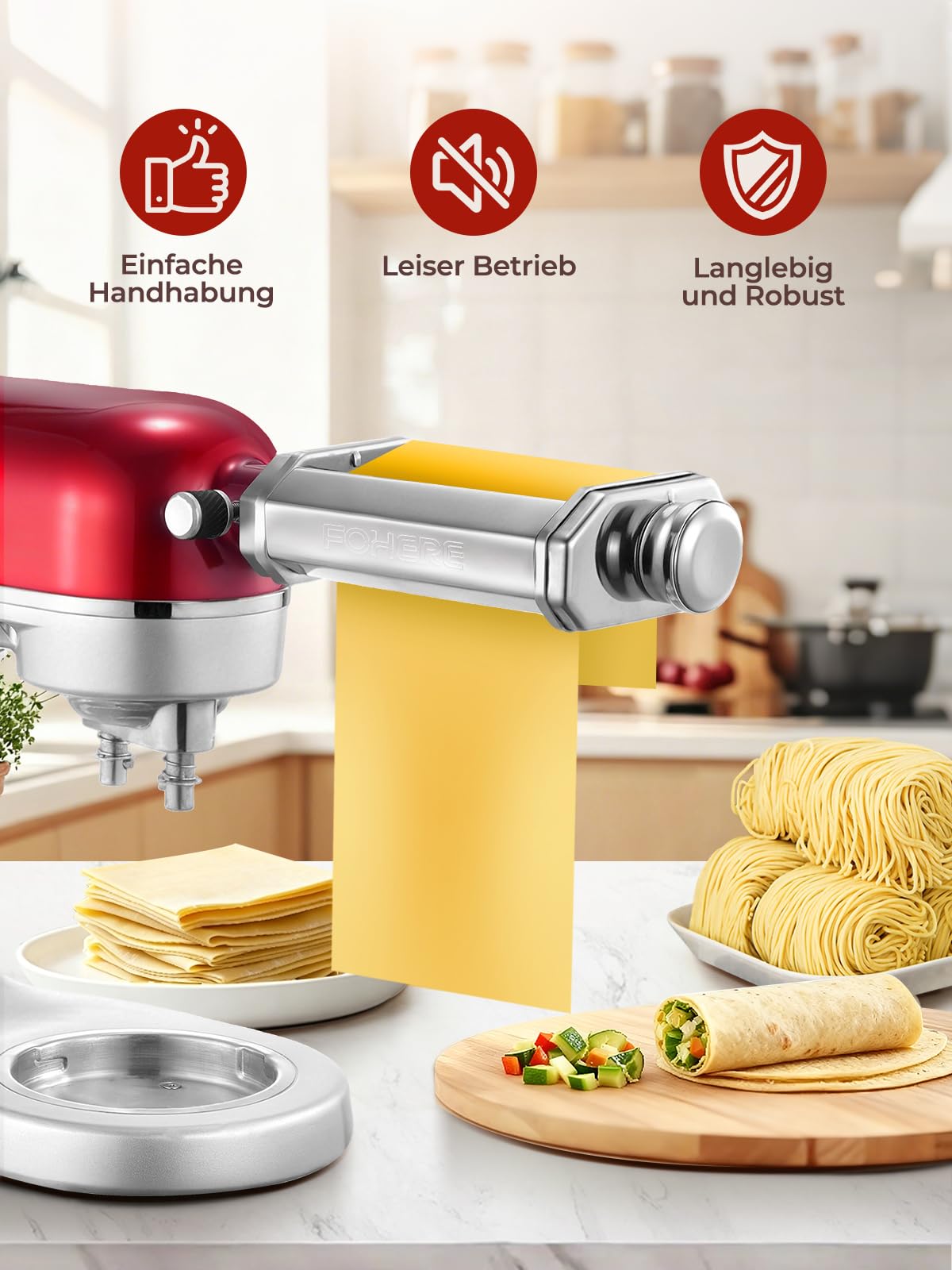 FOHERE Nudelaufsatz Nudelblattroller für KitchenAid Küchenmaschine, Pasta Maker Zubehör Mit Nudelblattroller und Reinigungsbürste (7 Einstellbare Dicken)