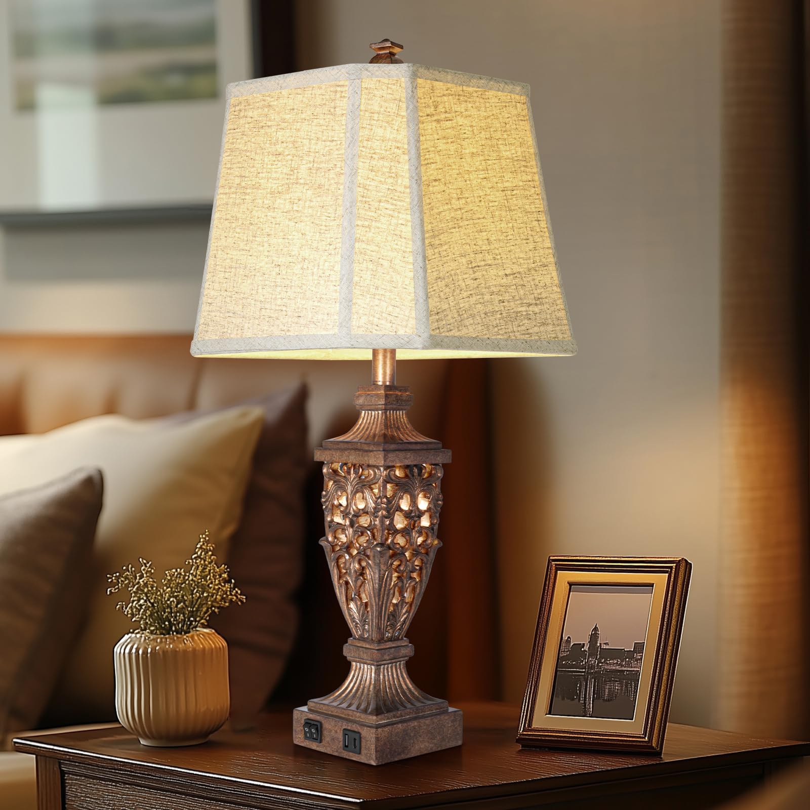 Scenekoy Set di 2 lampade da tavolo vintage in bronzo da 72,4 cm con luce notturna, lampada da comodino, paralume angolare in lino beige, porte USB per testiera, aria condizionata, camera da letto