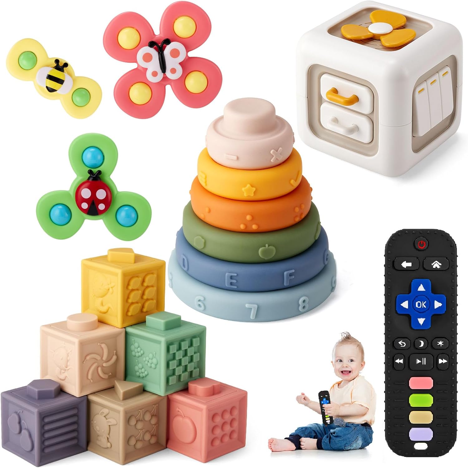 VoMii Baby Toys 6-12-18 Months, Montessori Toys for Babies Newborn Teether Sorting Stacking Blocks Spinner Toy Activity Cube Sensory Toy for Toddlers 1-2-3 Years