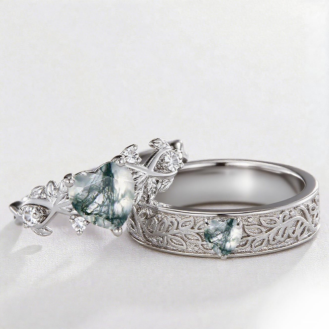 Natural Heart/Oval/Hexagon Moss Agate Couple Black Engagement Rings Set for Men and Women Matching Rings for Couples S925 Silver/10K/14K/18K Real Gold Vintage Vine Wedding Jewelry for His and Her(size 4-16) - Image 8