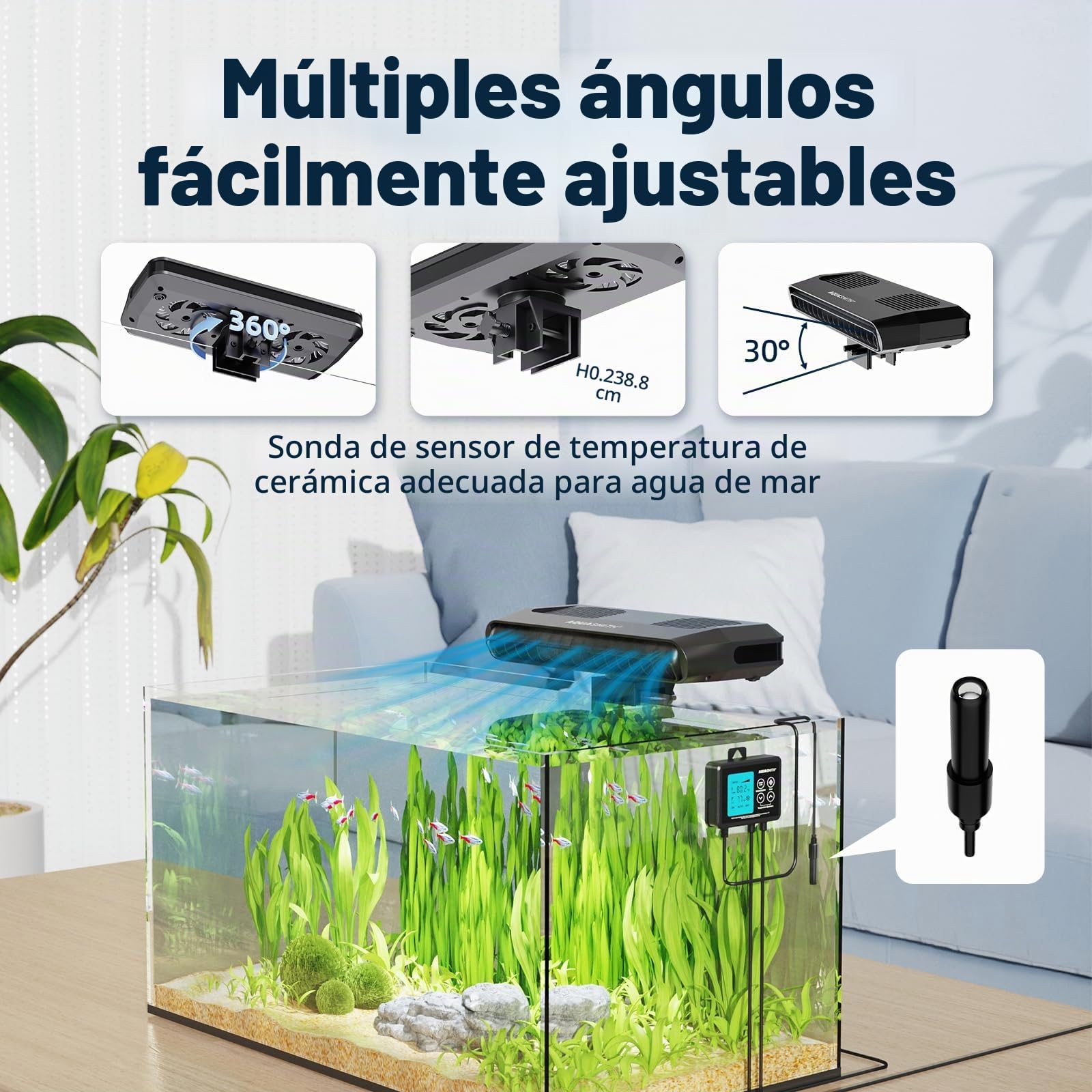 AQUASMITH Ventilador Enfriador de Acuario, Enfriador de pecera con Control de Temperatura, Ajuste mínimo de 15.0 °C, Arranque y Parada automática, Efecto de refrigeración de -14.8 a 12.8 °C, 3 Modos
