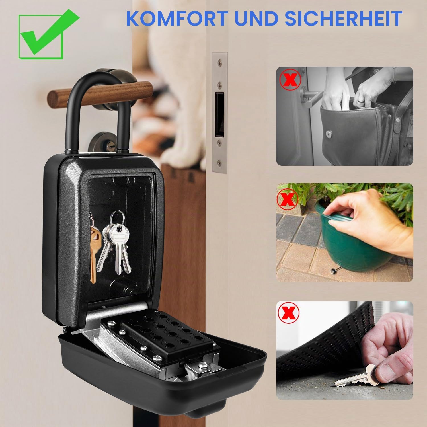 Schlüsselschlossbox, 12-stelliger Code, wetterfeste Wandhalterung, große Kapazität 5–8 Schlüssel, Aluminiumlegierung (Schwarz, 9,1 x 5,7 x 19,8 cm mit Bügel)