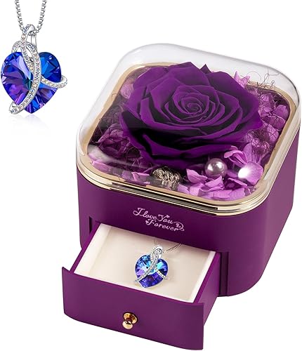 Real Purple Rose with Heart Necklace, Forever Flowers - Mother's Day Gifts For Girlfriend