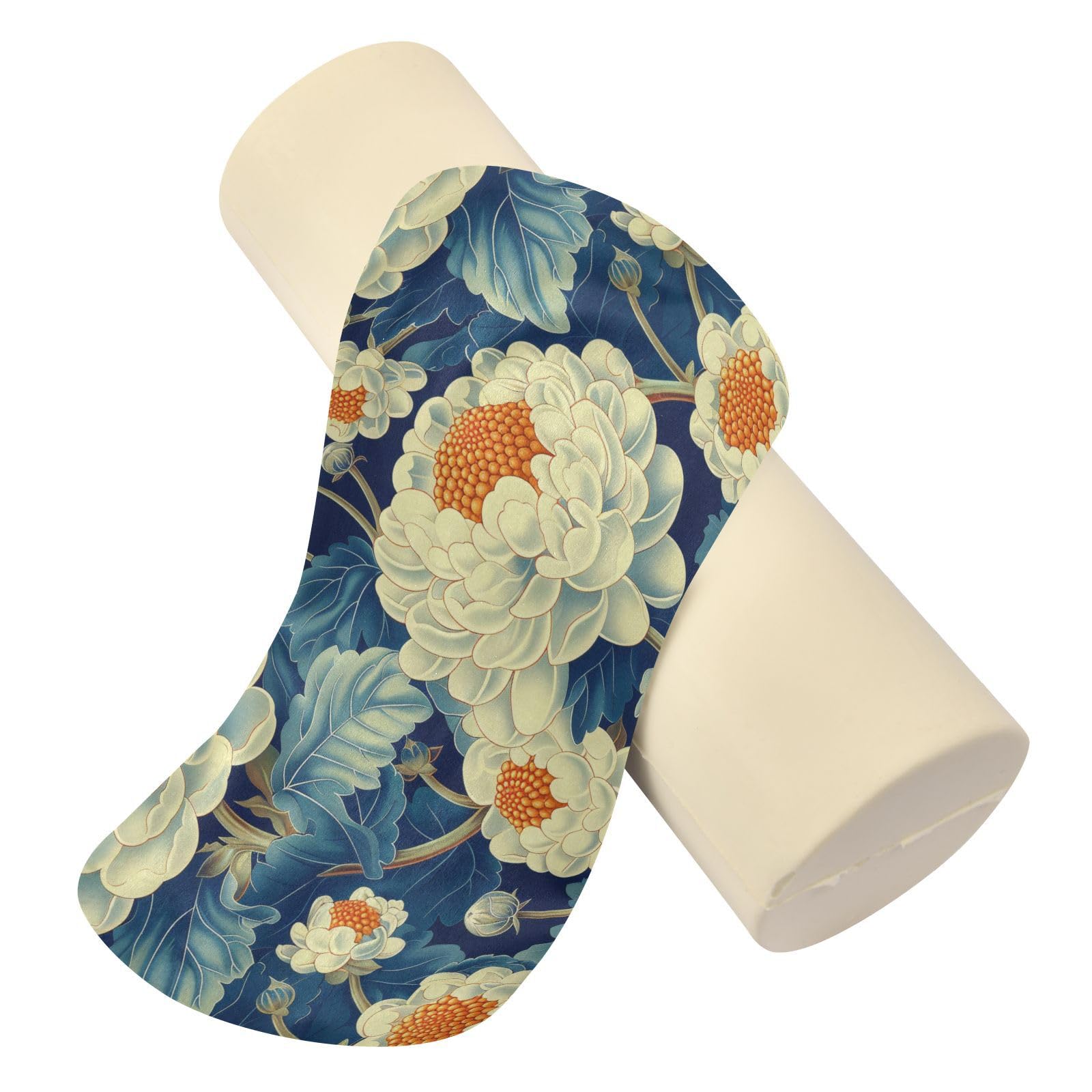 miaozhen Floral Cauliflower Design Blue White Lumbar Support Pillow Sleep Neck Roll Pillows for Pain Relief almohada Redonda para el Cuello 5.5''x17''