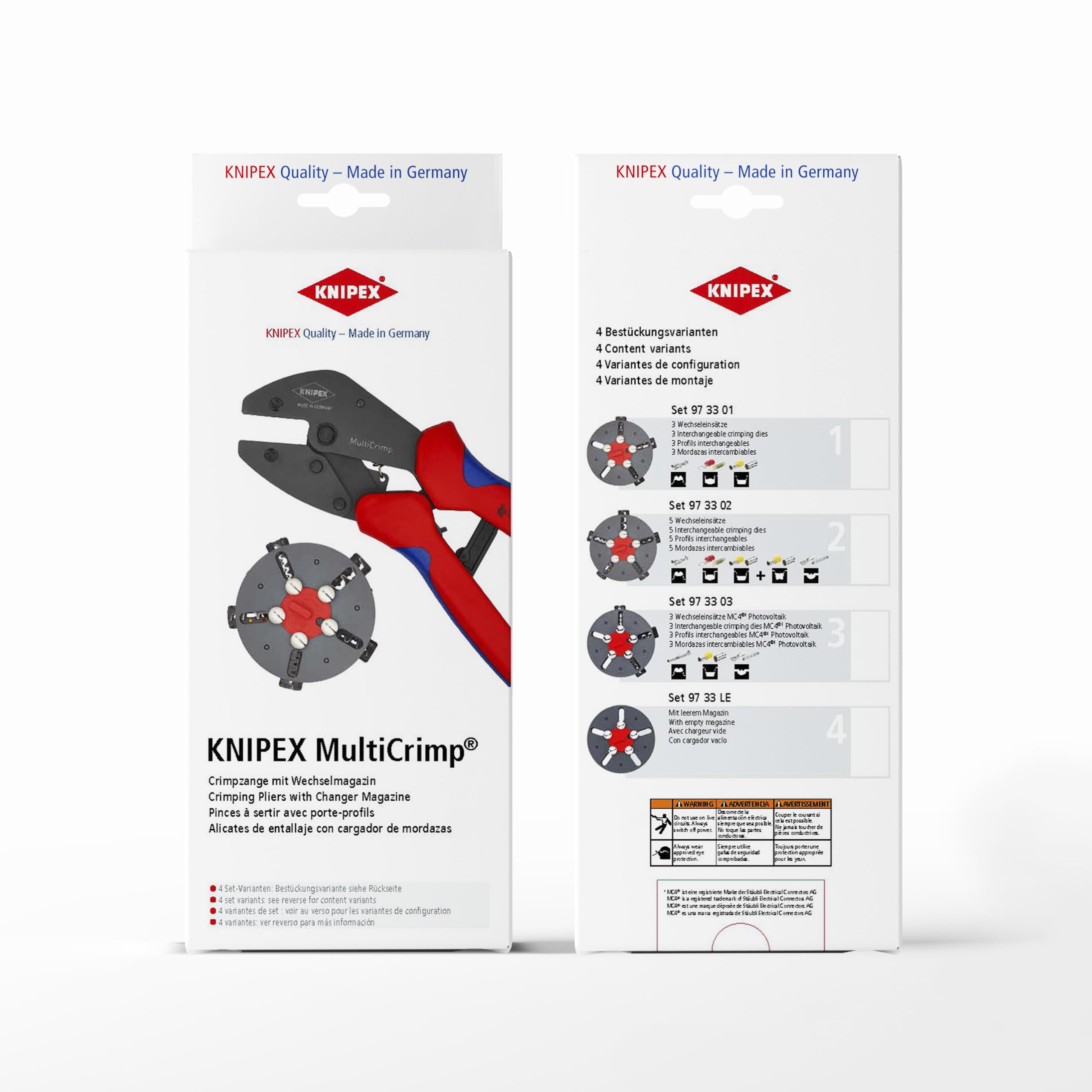 KNIPEX MultiCrimp, Crimpzange mit Wechselmagazin, 3 Crimpeinsätze, 97 33 03