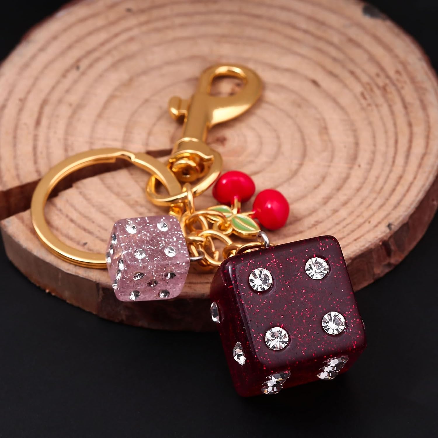 SONGCHANGJEWELRY Cherry Dice Keychain Bag Charm – Red Enamel Cherry with Glitter Resin Dice & Gold Clip – Cute Accessory Gift for Women and Friends image 3