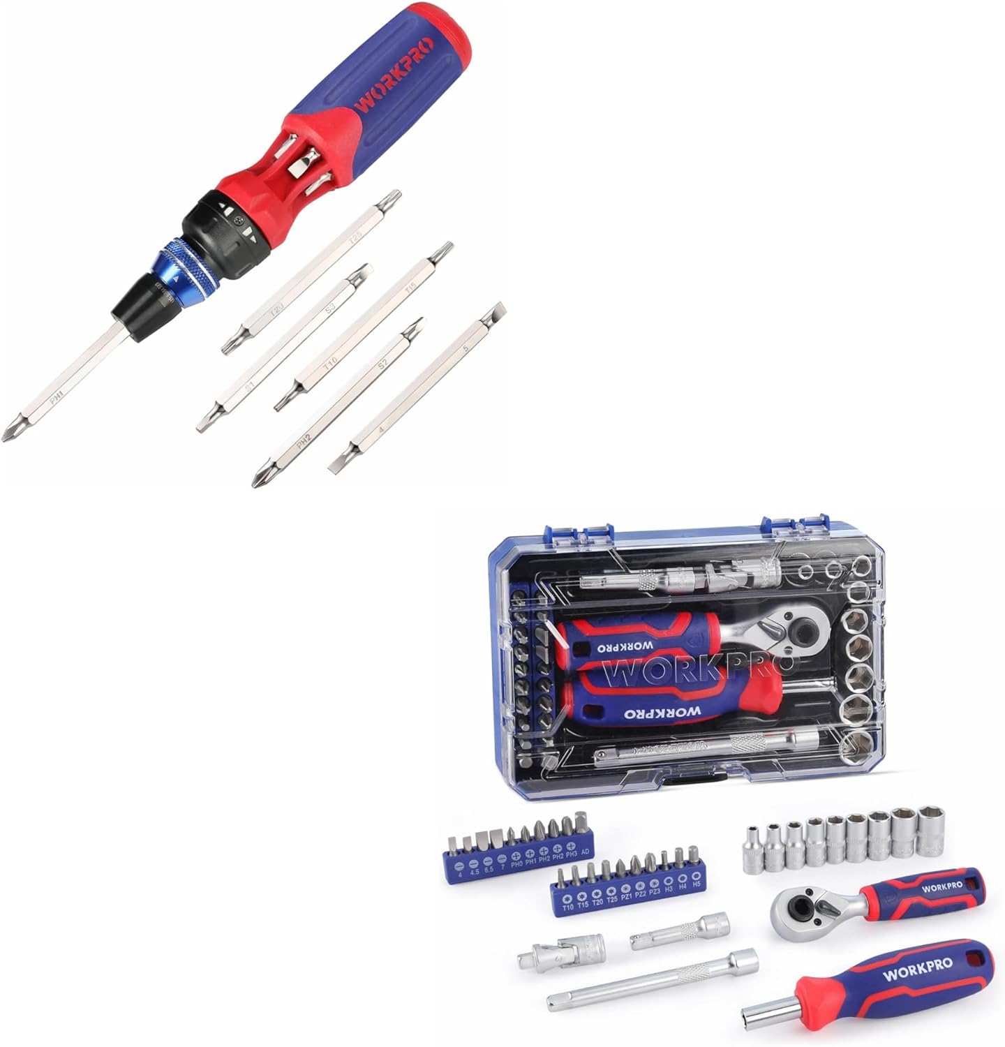 WORKPRO 12-in-1 Ratcheting Multi-Bit Screwdriver Set and 34 PCS 1/4"Dr. Ratchet Socket Bit Set