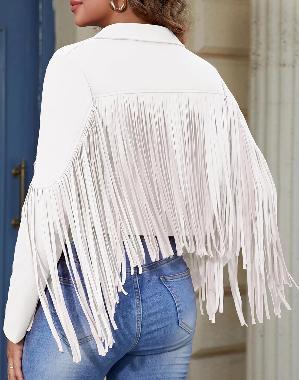American Trends Womens Casual Faux Leather Jacket Fringe Tops Tassel Suede Cropped Coats Motorcycle Jacket - Image 2
