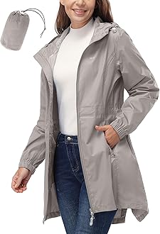 33,000ft Women's Rain Jacket Lightweight Hooded Long Rain Coat Waterproof Jacket Ladies Packable Functional Jacket Windbreaker Breathable Active Outdoor Coats