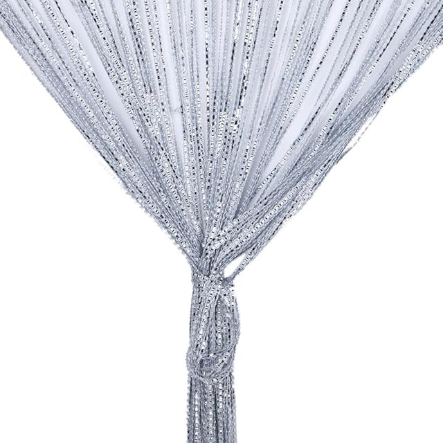 String Curtain Panel, Glitter Door Wall Window Doorways Panel Fly Screen Fringe Room Divider Blinds, Decorative Tassel Ribbon Strip Silver Screen for Living room, Bedroom, Party Events (Grey)