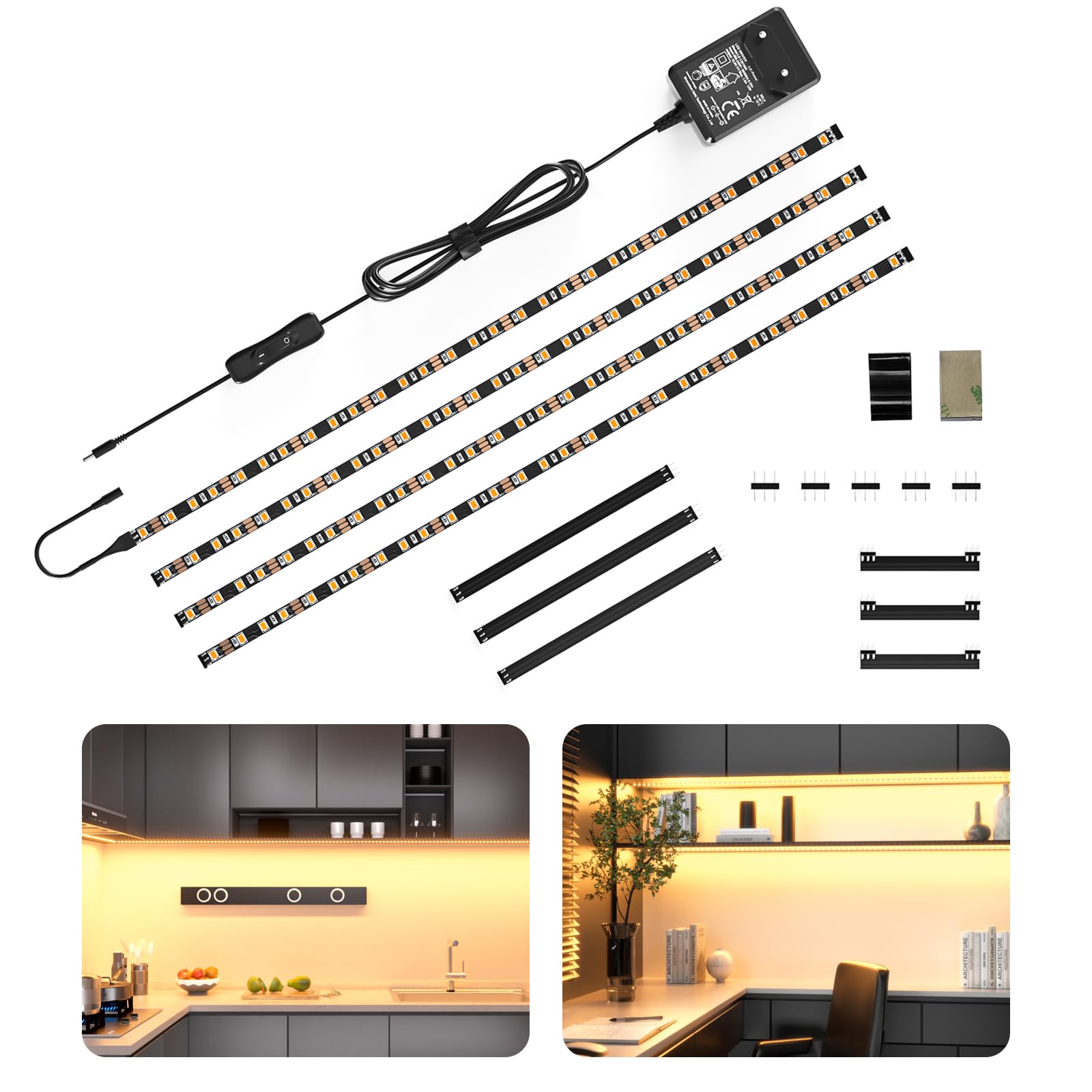 WOBANE Striscia Led Cucina Sottopensile 2 metri, 4X50cm Strisce Led Adesiva per Cucina con Interruttore e Spina, 1200LM Illuminazione Sotto Pensile per Vetrine,Scrivania,TV, Bianco Caldo 2700K, Nero