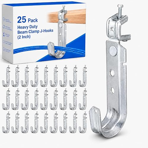 Tandefio 25 Pack Cable Support J Hook with Beam Clamp, Heavy Duty Metal Wire Cable Support J Hook Hangers for Wire Management (2 Inch)
