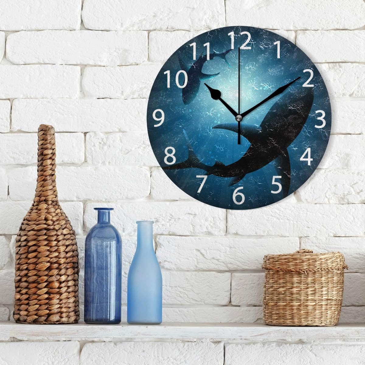 senya Sharks Under Water Round Wall Clock, Silent Non Ticking Oil Painting Decorative for Home Office School Clock Art