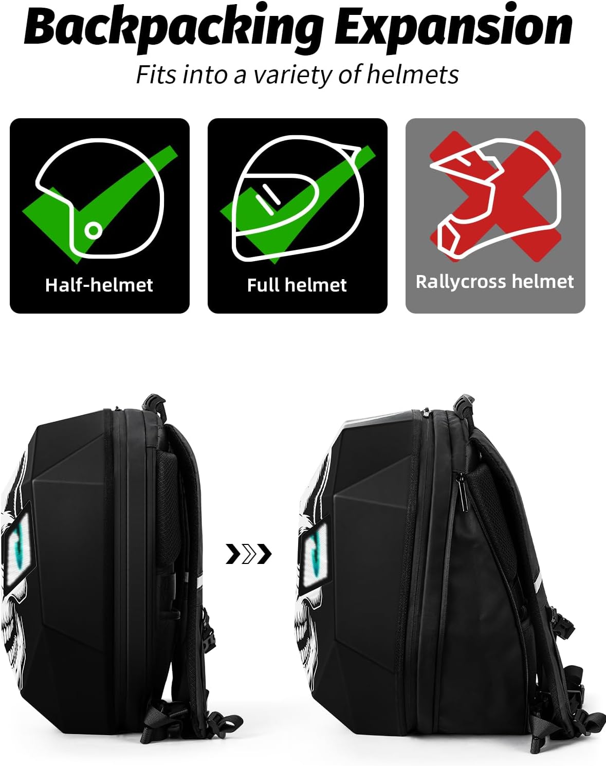 Gelrova Motorcycle Backpack with LED Eyes, App Control Waterproof Hard Case Motorbike Bag, DIY Laptop Backpack for Riding, Cycling, Travel, Large Size 19inch, Goth Skull Knight