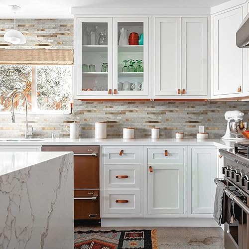 KASARO - Azulejos de 1 hoja para pelar y pegar para salpicaduras de cocina, mármol beige con rayas doradas antiguas, azulejo autoadhesivo de