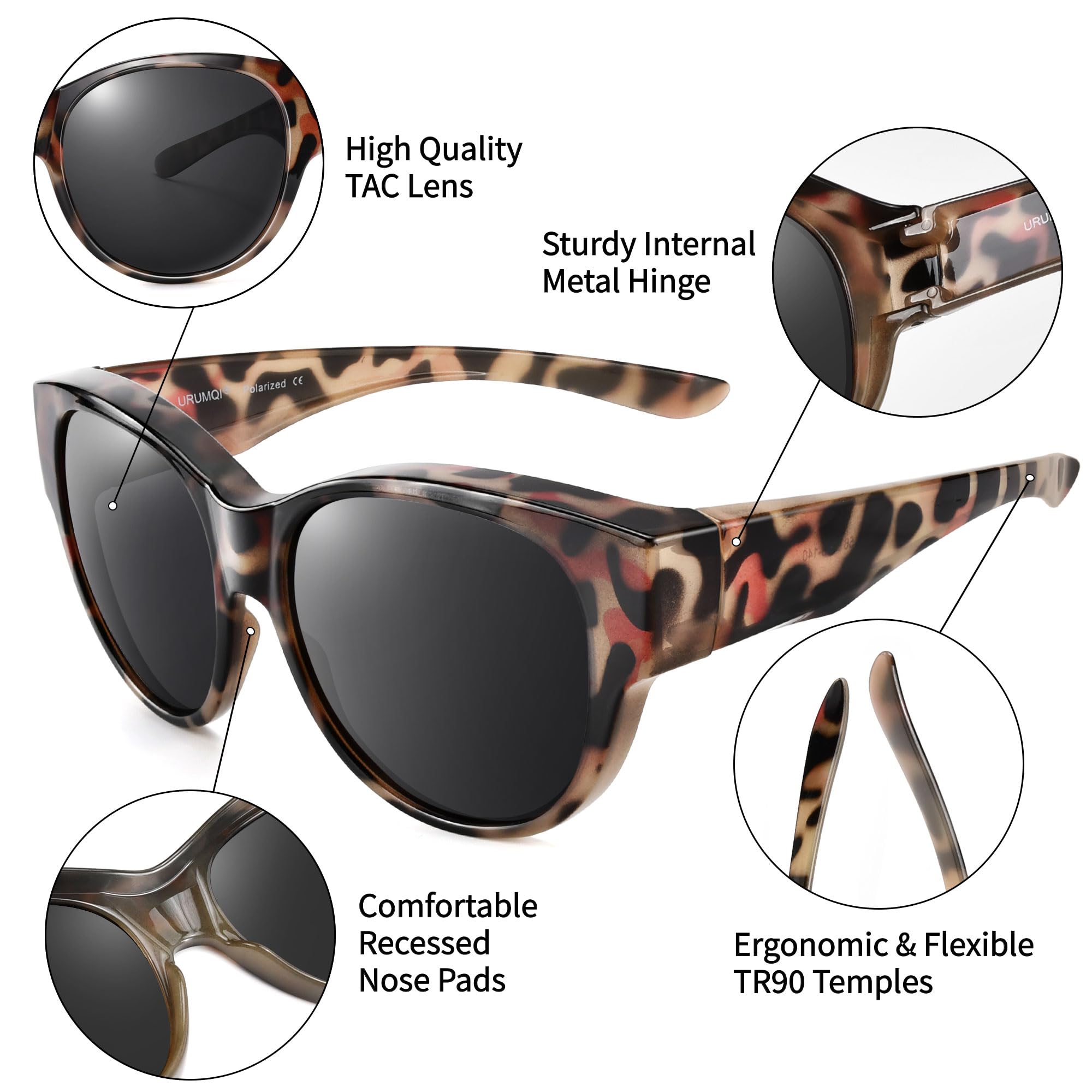 URUMQI Überzieh Sonnenbrille über Normale Brille, Polarisierte Überbrille Sonnenbrille für Brillenträger Damen, Retro Sonnenbrillen Fit over Sunglasses mit UV400 Schutz Beige Schildpatt Rahmen