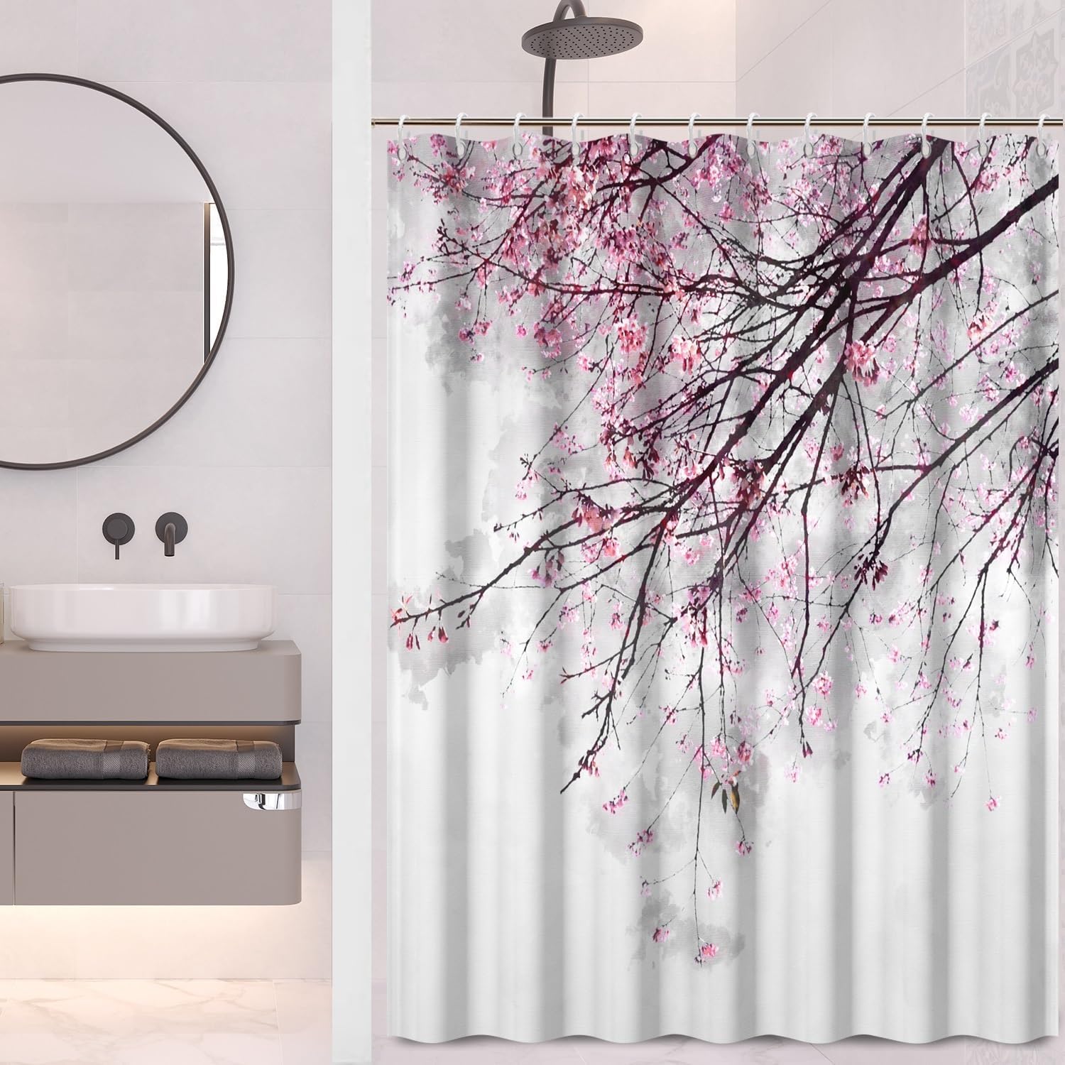 OERJU Cherry Blossoms Shower Curtain Pink Flower Japanese National Flower Bath Curtain Waterproof Polyester Fabric Bathroom Decor Set with Hooks 72x78inch