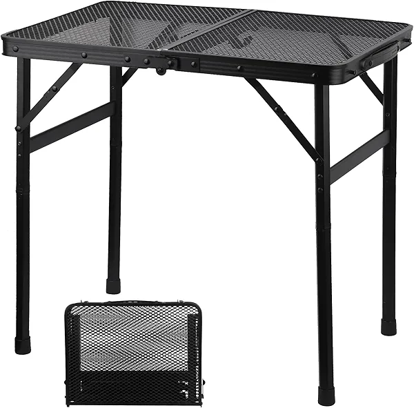 GREGIN Camping Table with Mesh Desktop, Lightweight & Portable Small Folding Grill Table, Height Adjustable Metal Outdoor Table for Camp, Cooking, BBQ, RV, Picnic-2 FT Black