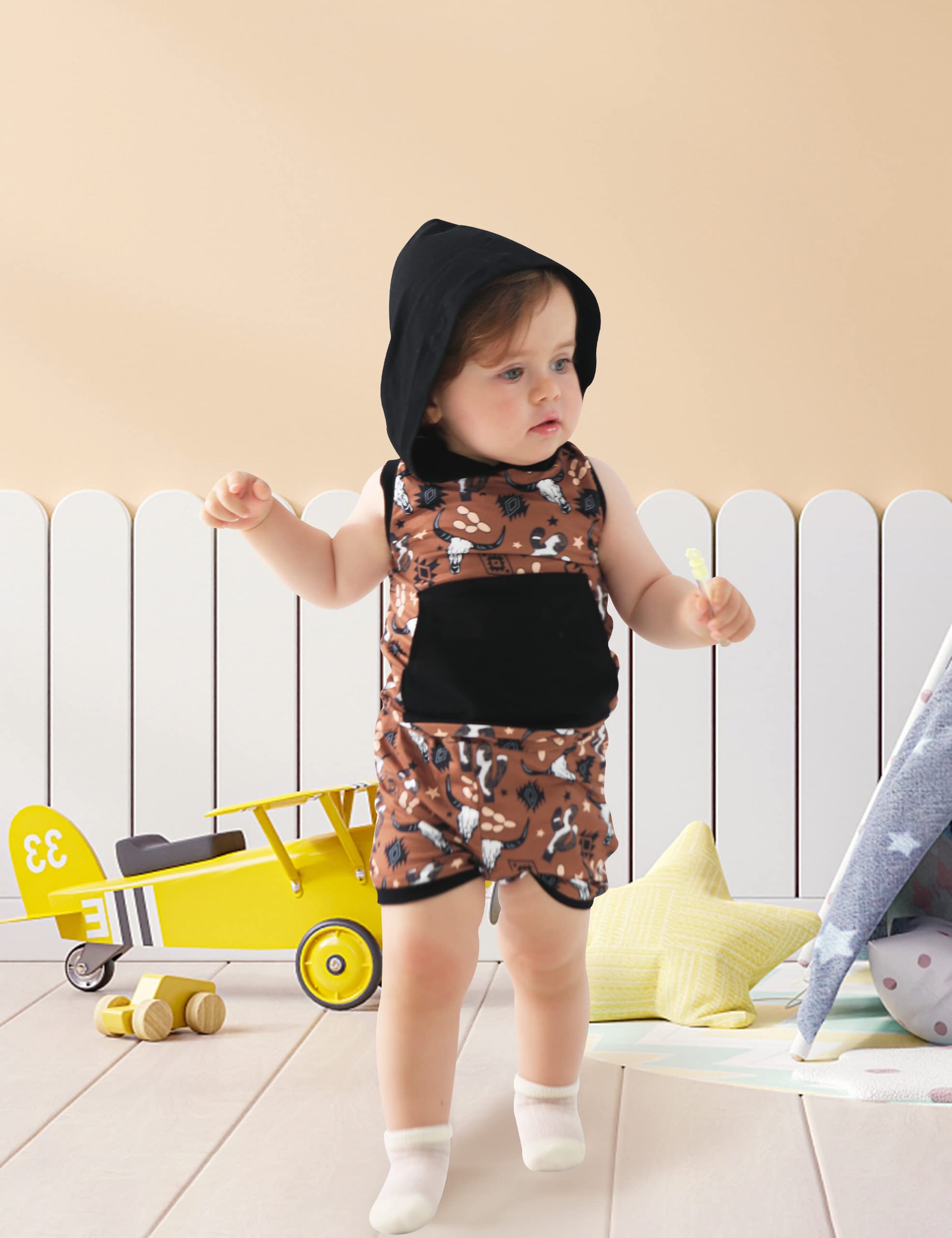 MBZJSDKHLK Newborn Baby Boy Clothes Western Summer Outfits Sleeveless Hooded Tops + Shorts Infant 2Pcs Set(0-3M Brown)