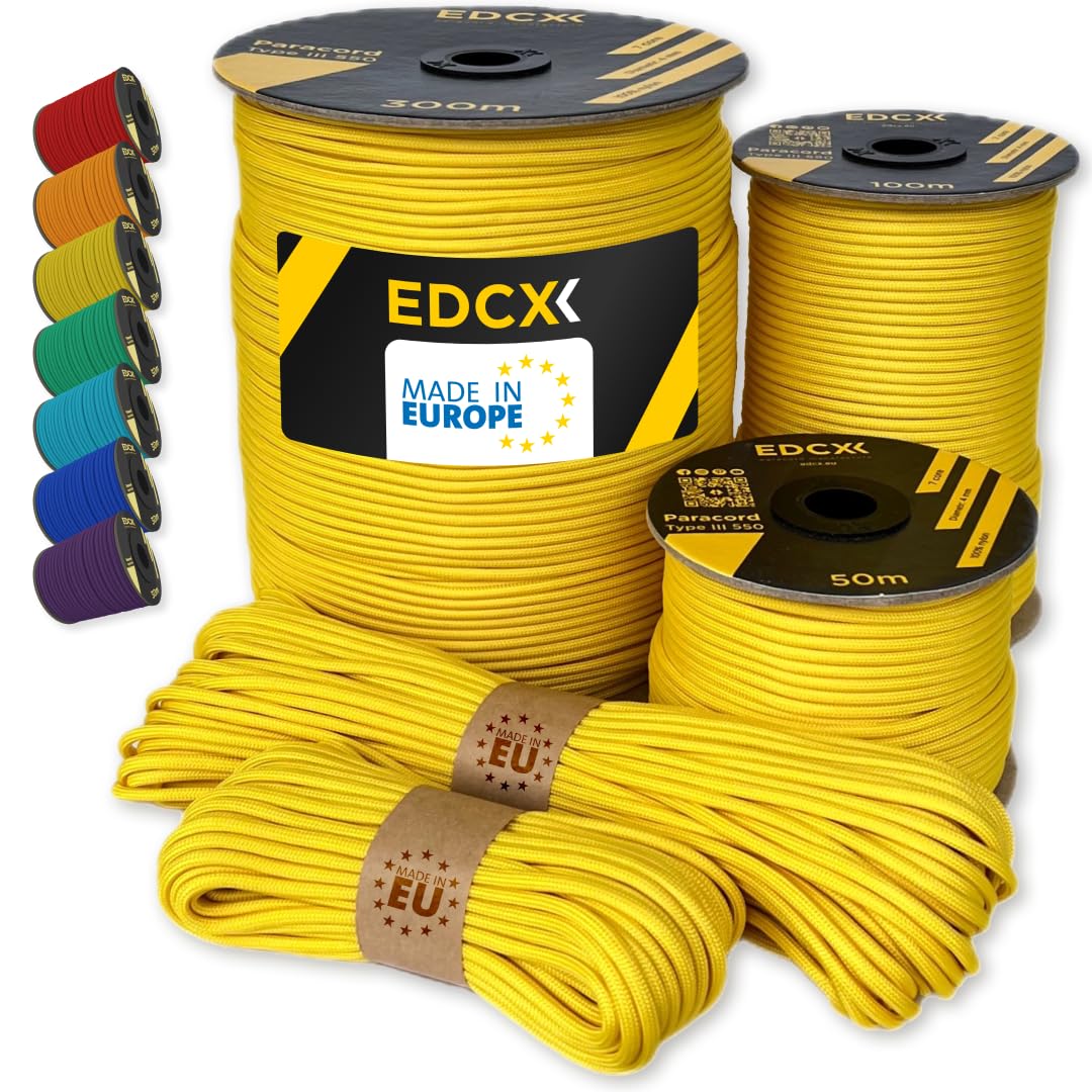 Paracord 4 mm, 35+ Volltonfarben (10 m, 15 m, 30 m, 50 m, 100 m, 300 m) | Ideal zum Basteln, Camping, Outdoor | 100% Nylonseil 4 mm| Nylon Paracord 550 Typ III (Yellow, 3 m)