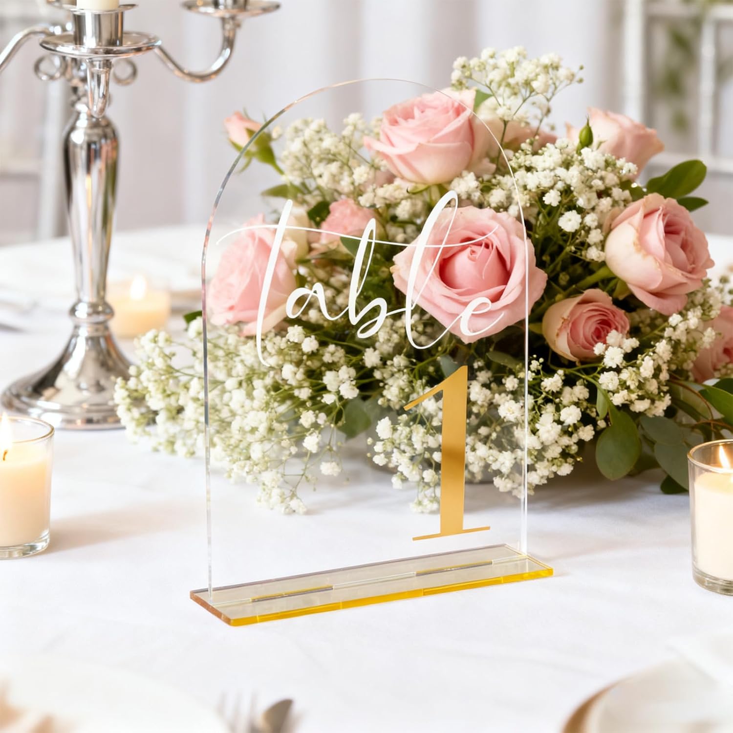 Wedding Table Numbers 1-15 with Stands, 5” x 7” Elegant Acrylic Display Signs with Golden Text, Great Table Numbers for Wedding Reception, Decoration, Centerpiece, Party, Anniversary and Event