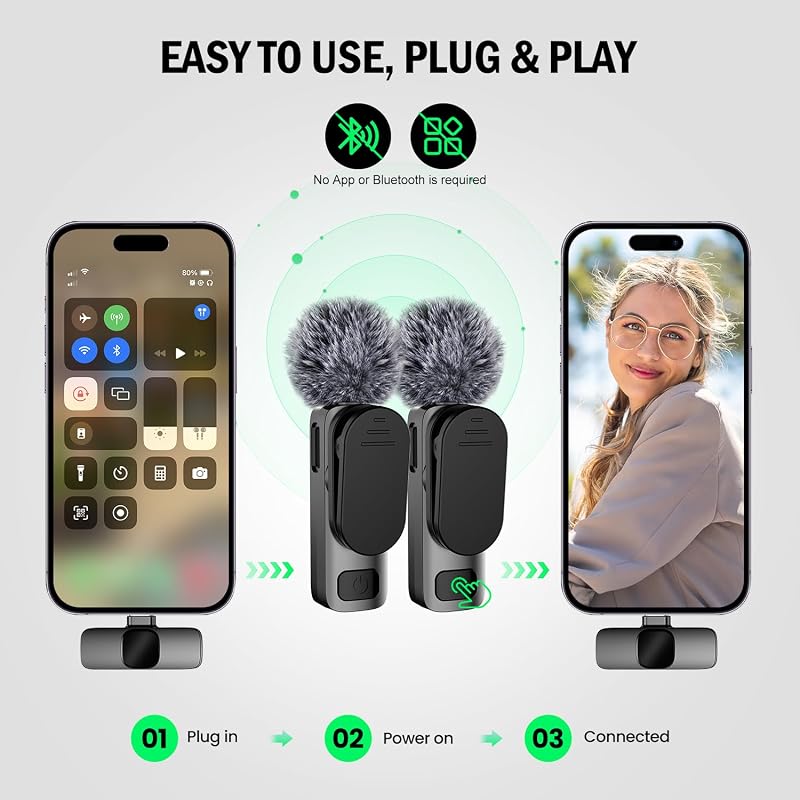 BYbrutek 3 az 1-ben Vezeték Nélküli Csíptetős Mikrofon iPhone/Android/PC Eszközökhöz - Mini Mikrofon Videófelvételhez, 25m Hatótáv