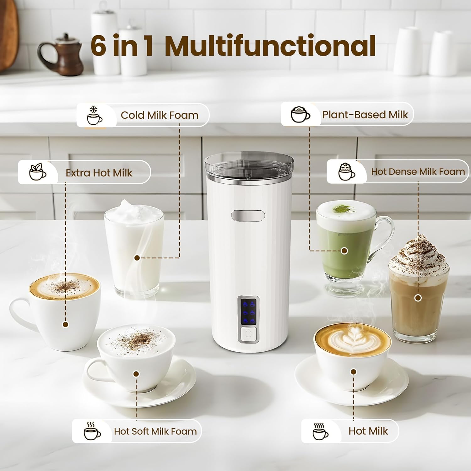 Kismile Milk Frother, 6-in-1 Electric Milk Steamer with Stainless Steel Inner Tank，Automatic Warm and Cold Foam Maker for Latte, Cappuccinos, Macchiato(White)