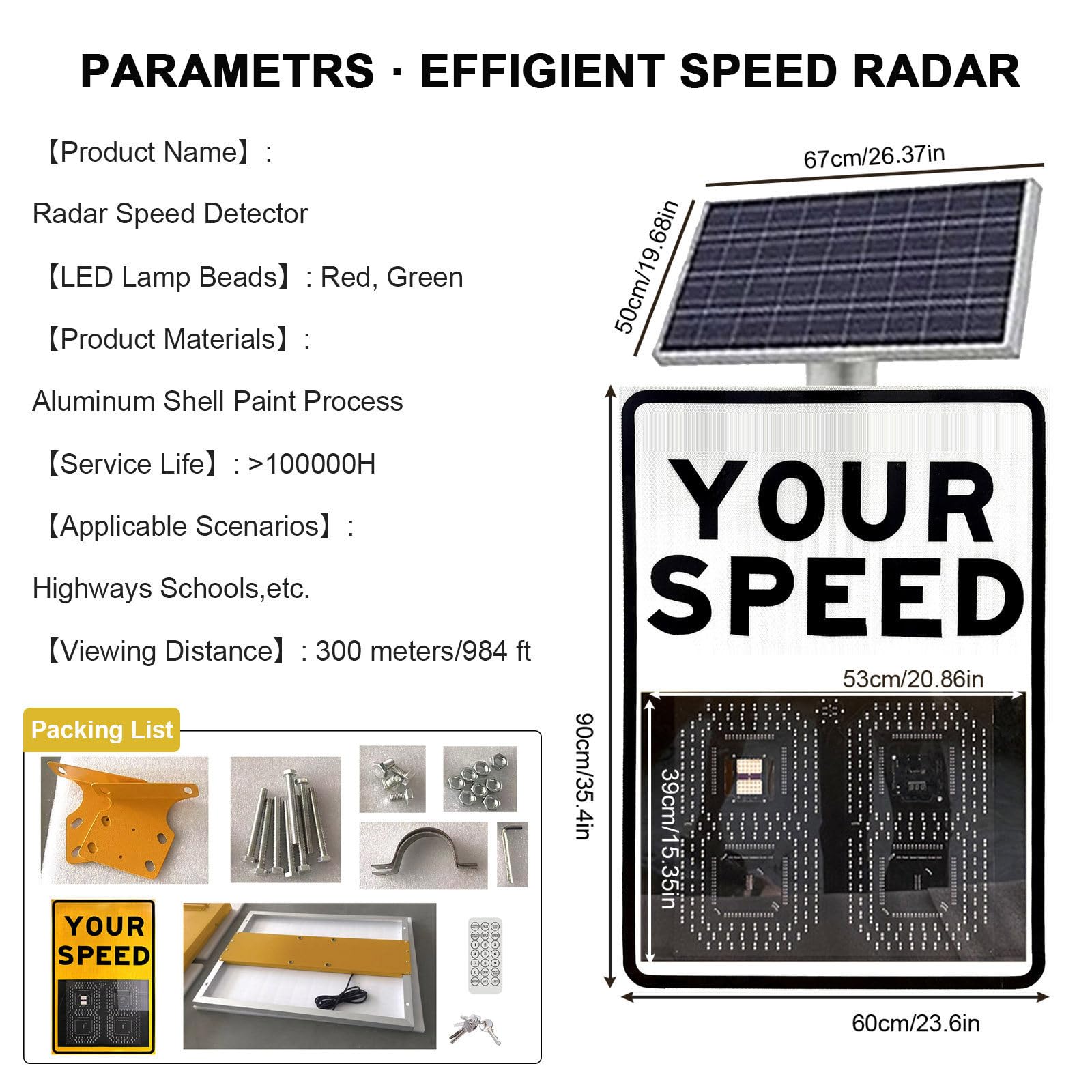 Señal de Velocidad de Radar alimentada por energía Solar eficiente y Detector Digital de Radar de tráfico con Control Remoto, más señales LED Aluminio IP65 visibles para gestión White