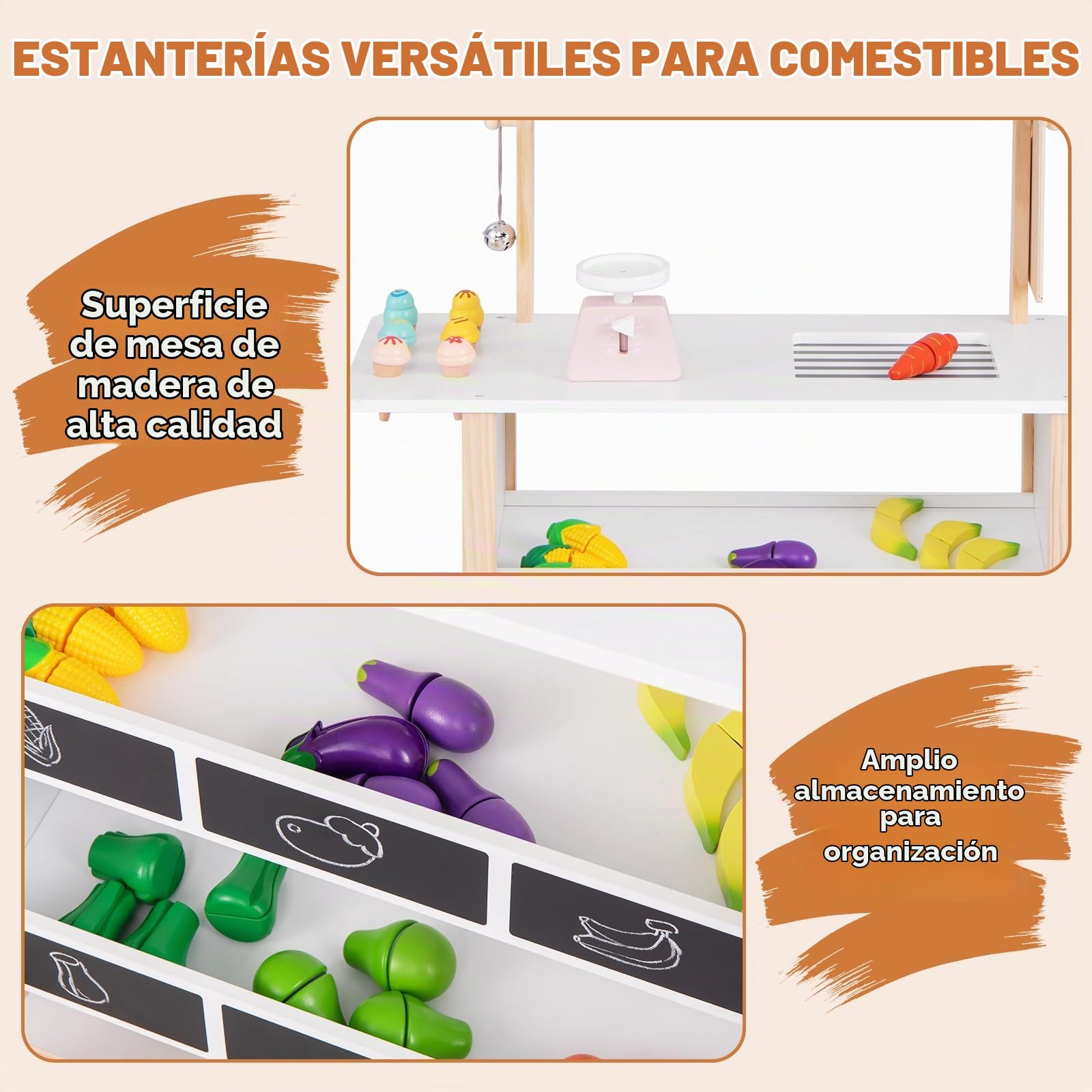 HOMASIS Carrito de Helados Infantil con Accesorios, Tienda de Madera con 2 estantes, heladería con Ruedas móviles y toldo, Juego de casita de muñecas para niños 3+ años, 79,5x29,5x100cm (Blanco)