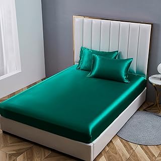 Satin Fitted Sheet Double Dark Green Deep Fit 36cm Silkly Bed Sheet Deep Fit Pocket Satin Fitted Sheet Breathable Soft Comfortable Bed Satin Fitted Sheet