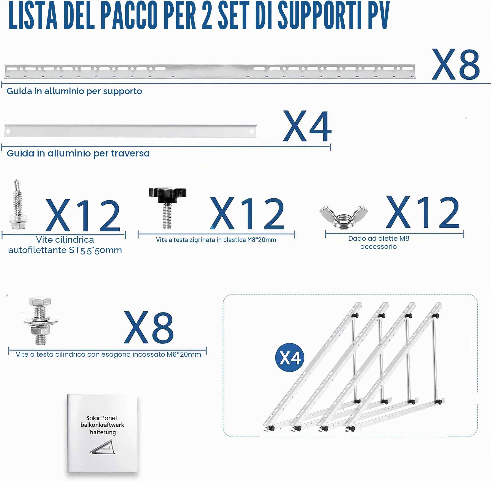Supporto per pannello solare, 114 cm, 2 paia di pannelli solari, per pannello solare da 100 W e 500 W, angolo regolabile da 0 a 90°, per pannelli solari, per tetti