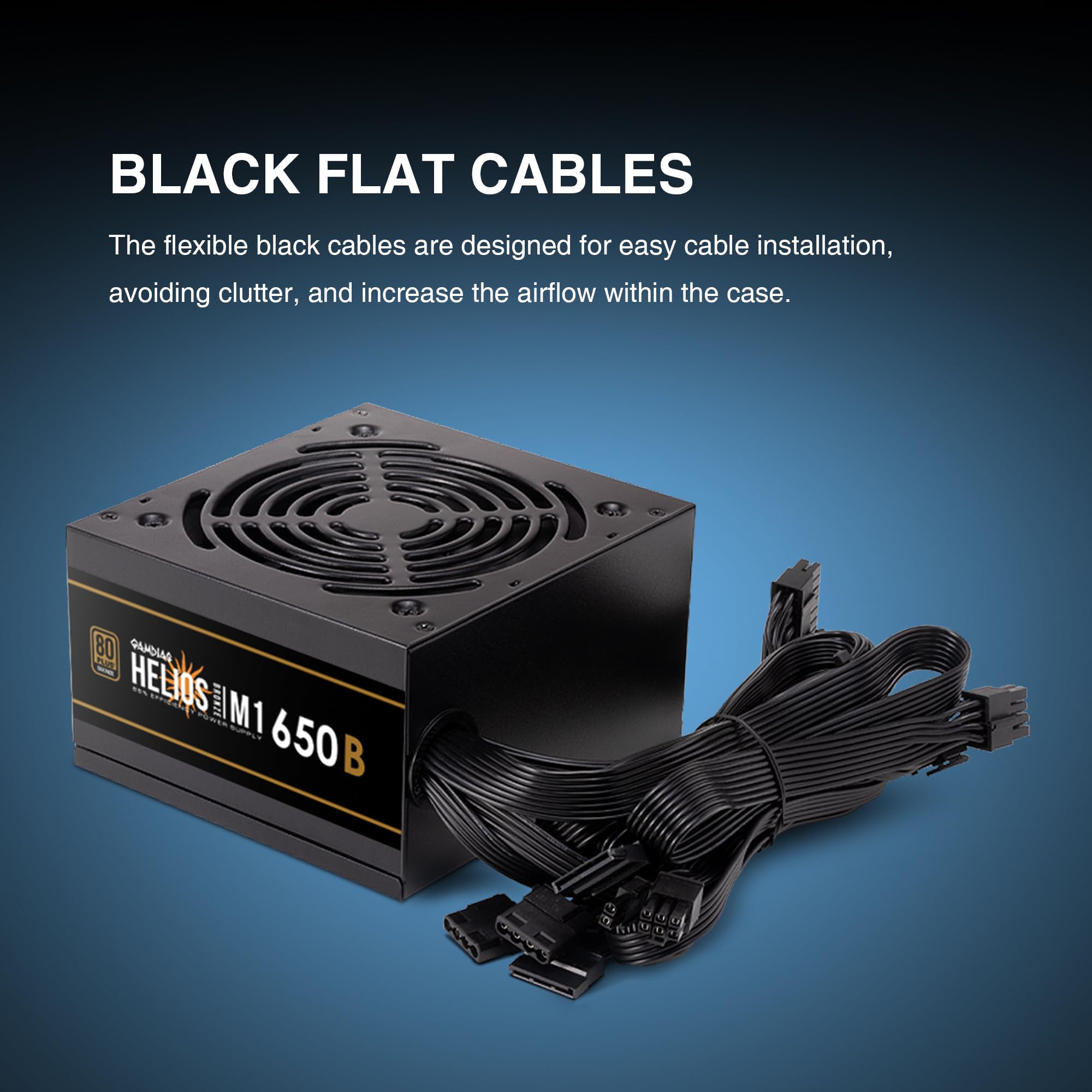 GAMDIAS HELIOS M1-650W (EU) Alimentatore PC Gaming ATX Non Modulare PSU - Certificazione 80 PLUS Bronze - Ventola PWM silenziosa 120 mm - Efficienza dell'85% - Cavo piatto facile da installare - Nero