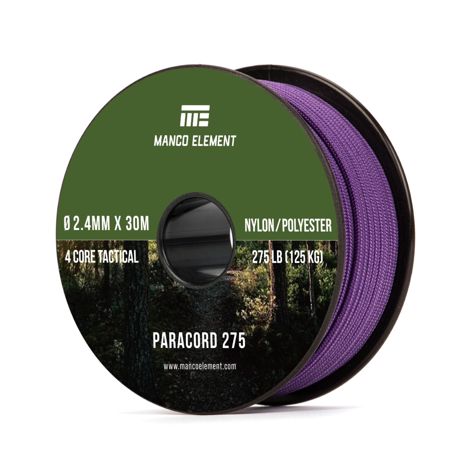 Manco Element 2.4mm Paracord 275lb 30m Rope Cord - 4 Strand, Nylon & Polyester, UV & Abrasion Resistance - Purple