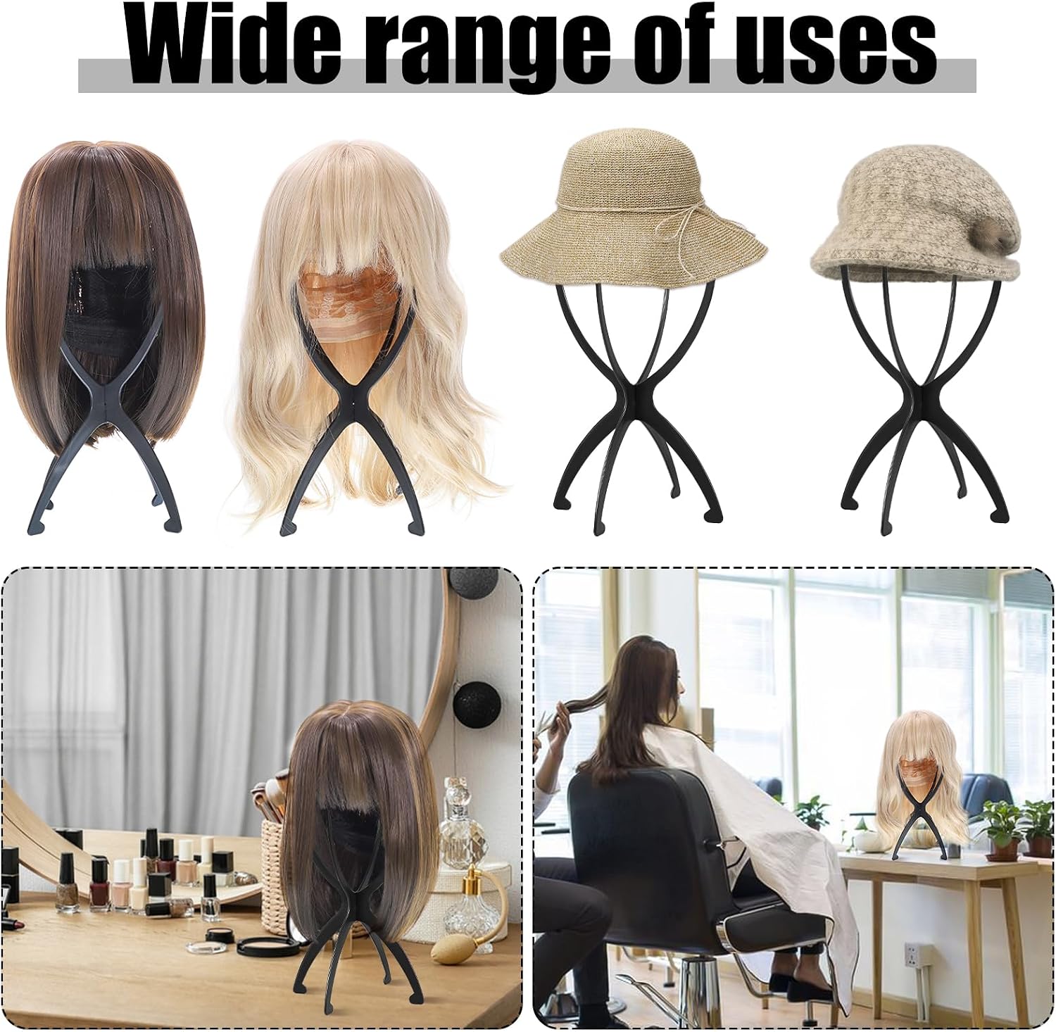 obeoby Wig Stand, Portable Wig Holder Wig Head Stand for All Wigs Travel Wig (black (6 pack))