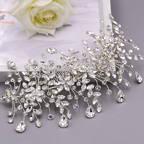 Miniatura 6 de ULAPAN Peine de pelo con diamantes de imitación plateados para damas, accesorio para el cabello para novia, boda, baile, ocasiones especiales