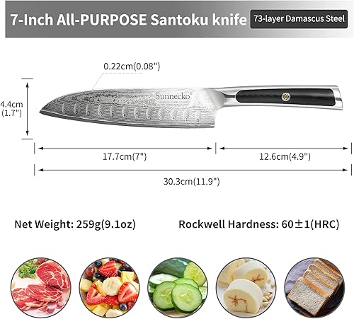 Vista 4 de Sunnecko Cuchillo de cocina japonés de Damasco Santoku de 7 pulgadas, cuchillo de cocina profesional de acero de alto carbono con mango G10