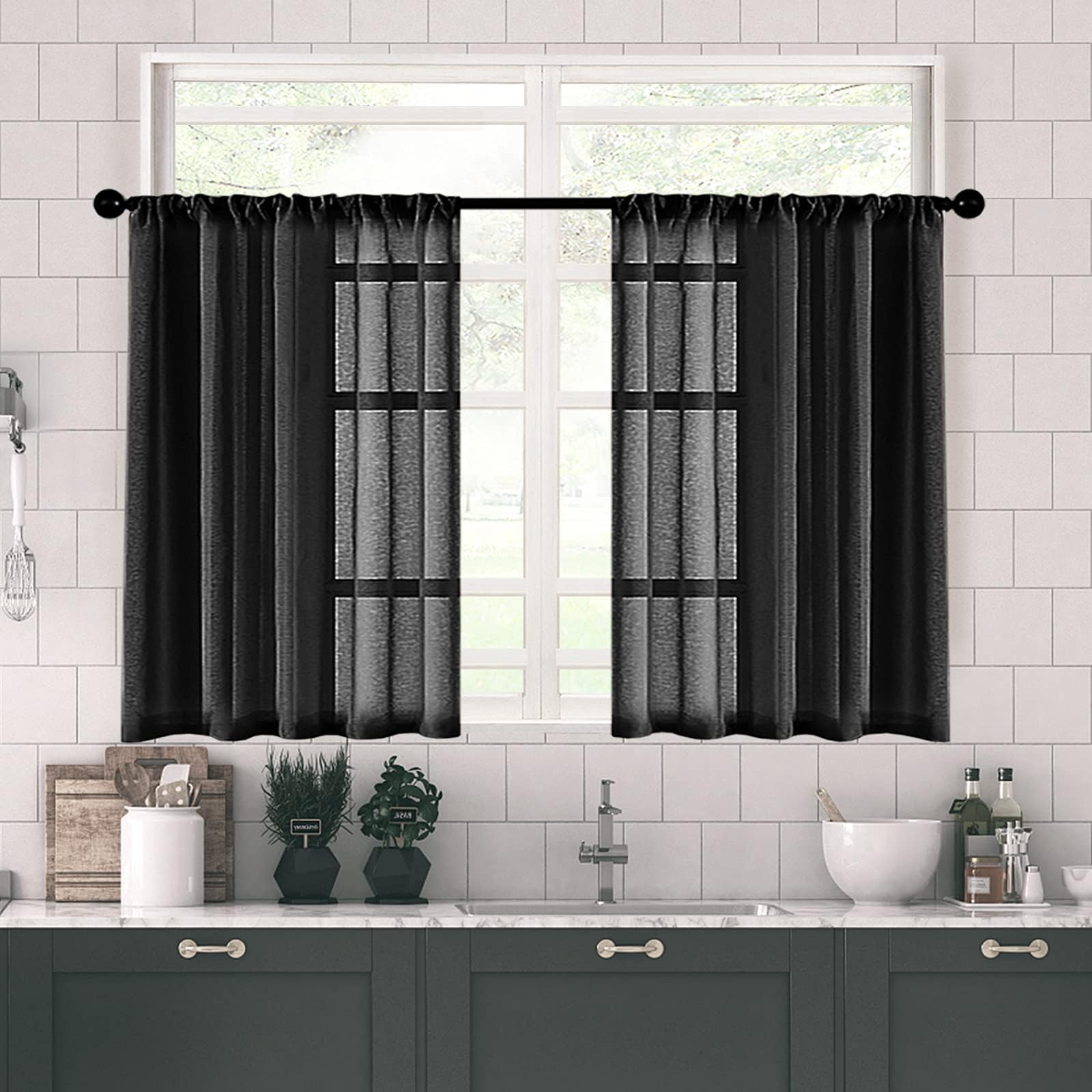 MRTREES Sheer Tier Curtains Black Short Kitchen Curtains Transparent Light Filtering 36 inches Long Half Window Treatments Rod Pocket Bathroom Cafe Curtains 2 Panels