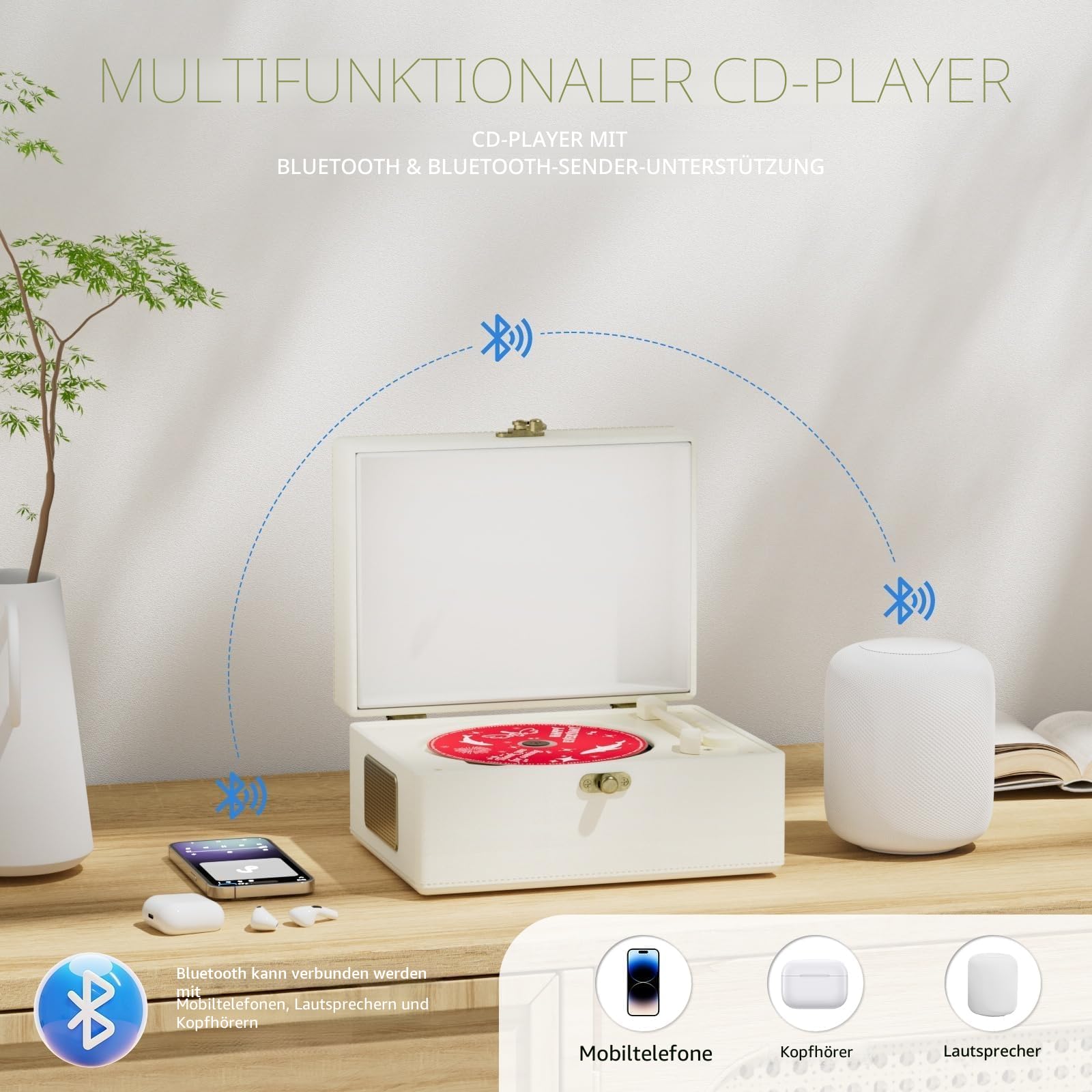 Yintiny Wiederaufladbarer CD-Player aus Leder mit Lautsprechern, Bluetooth-Sender, Festival-Geschenk, BGM-Player für Heimdekoration.